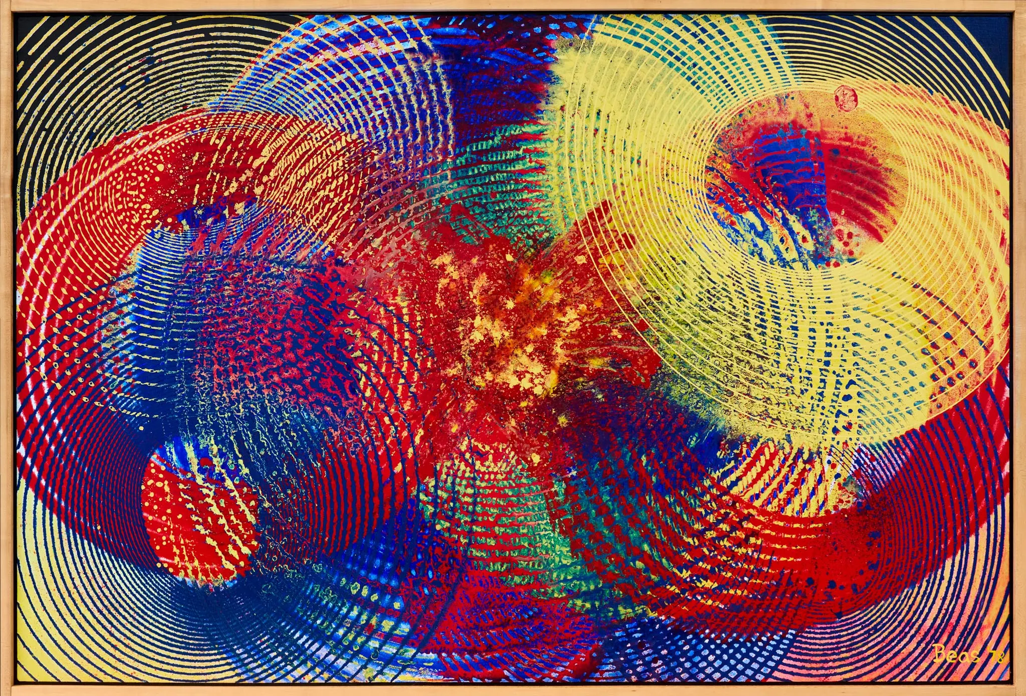 Agglomerate Expansion, 1978 — spinning matter hurtling outward in red, blue and yellow