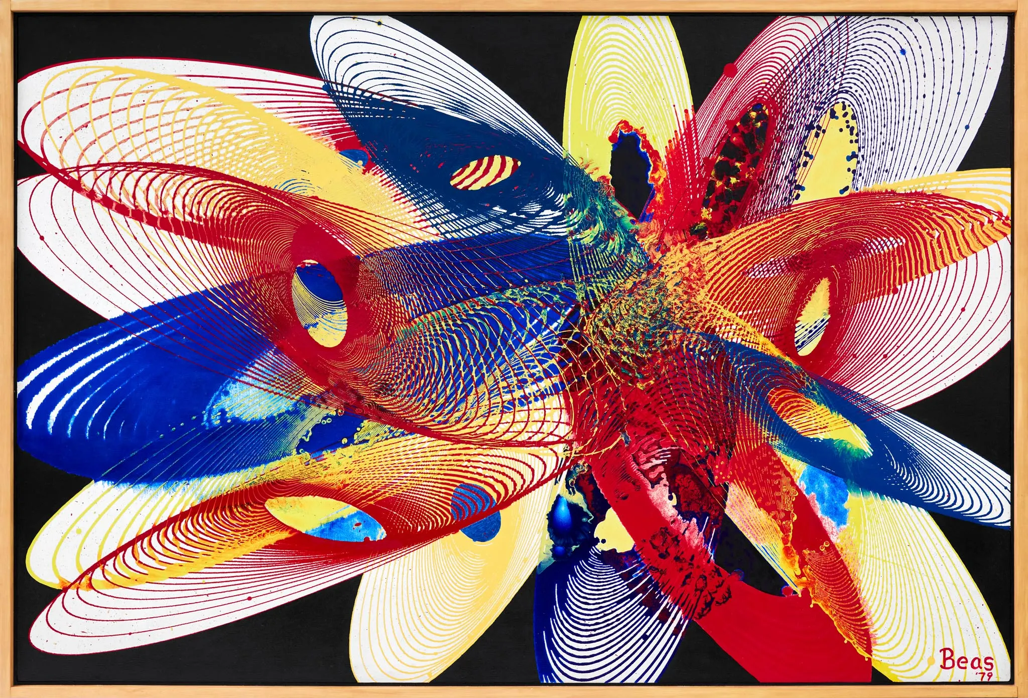 Big Crunch, 1979 — oil and acrylic flower of red, blue and yellow traced on a black starfield