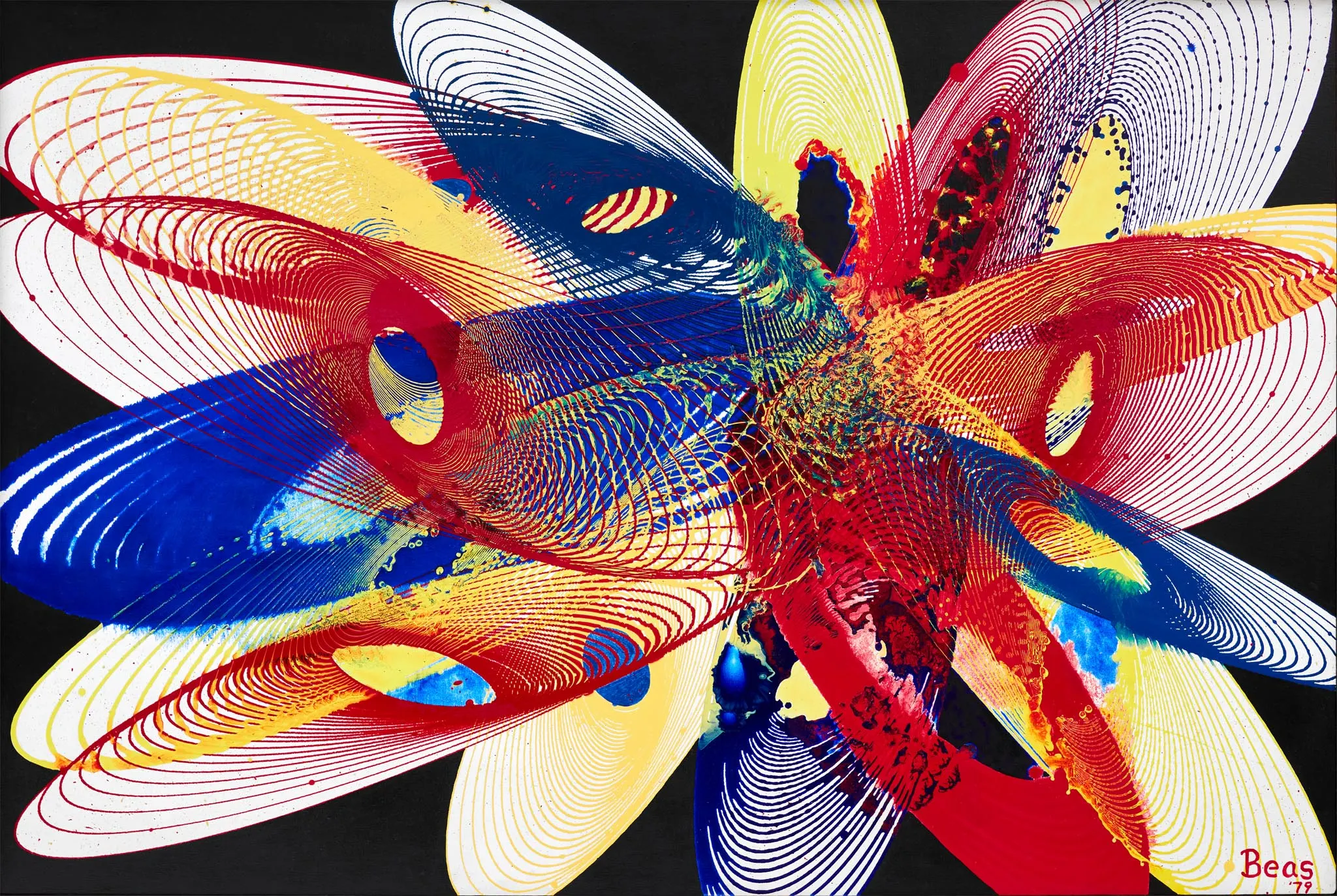 Big Crunch, 1979 — oil and acrylic flower of red, blue and yellow traced on a black starfield